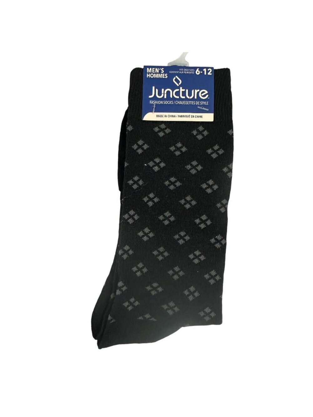 Juncture Mens Fashion Socks Black Gray Pattern Shoe Size 6-12 Polyester Blend